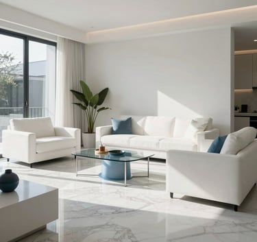 A sun-drenched, ultra-modern North American living room featuring crisp white minimalist furniture, polished marble floors, and subtle steel blue accents in the decor.