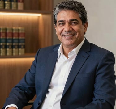 A high-quality portrait of a mature male lawyer around 50 years old with a confident and kind expression, wearing a dark navy blue suit and a crisp white shirt. He is sitting in a modern office in Cuiabá, Brazil, with law books in the soft-focus background. The lighting is professional and warm. South American / Brazilian.