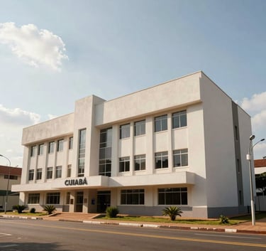 A professional wide shot of the legal district in Cuiabá, Brazil, featuring clean architectural lines and a bright sky. The composition is balanced and calm, reflecting the professional and established nature of a top-tier law firm. South American / Brazilian setting.