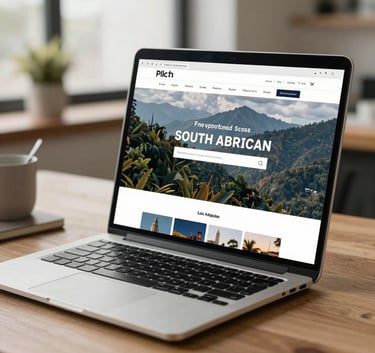 Close-up of a modern laptop on a clean wooden desk showing a sleek, responsive website interface, with a soft-focus South American urban workspace in the background.