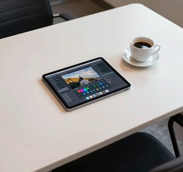 A high-angle shot of a minimalist creative desk in a South American agency, featuring a tablet with design software, a cup of coffee, and professional lighting in off-white and blue tones.