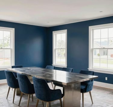 A wide-angle photography shot of a luxury North American / US home interior undergoing high-quality refurbishment, featuring dark blue accent walls and steel blue furniture highlights, bright airy composition.