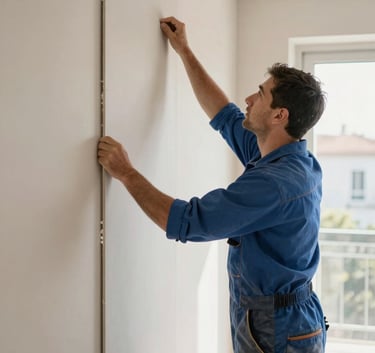 A skilled worker installing high-quality drywall panels in a modern apartment in Braga, Northern Portugal, natural morning light, clean work environment, professional slate blue attire.