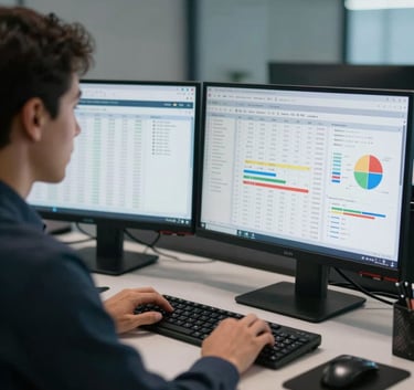A sharp, high-resolution photo of a financial expert working in a North American setting, using two monitors to display complex accounting spreadsheets and charts. The lighting is professional and cool, highlighting an atmosphere of precision and expertise.