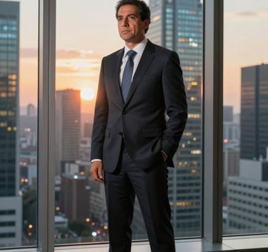 Serious South American executive in a tailored dark suit standing in front of a floor-to-ceiling window overlooking a financial district, sunset lighting, reflection of high-tech screens.