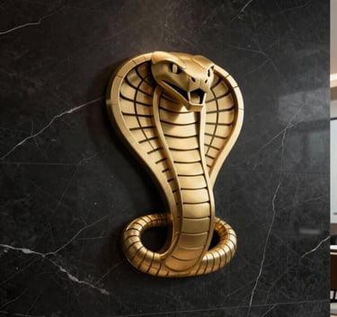 Minimalist corporate logo of a cobra head in metallic gold, centered on a deep black marble wall with sophisticated shadows, luxury office atmosphere.