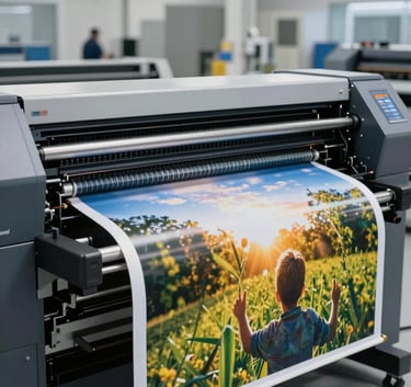 A large-format industrial printer in a clean, high-tech printing facility in Western European / French, producing a vibrant high-resolution advertising banner. Professional cinematic lighting.