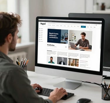 A professional graphic designer in a bright, modern French office working on a large screen displaying a sophisticated brand identity project. Clean aesthetic, professional atmosphere.