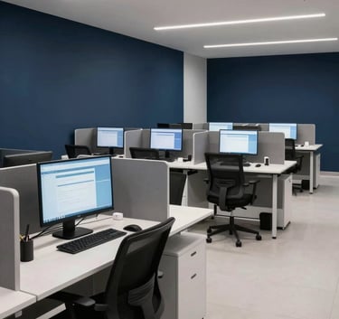 A wide-angle photograph of a modern call center floor. The desks are organized and minimalist, featuring monitors with clean interfaces. The room is styled in Deep Navy and Mist White with professional lighting.