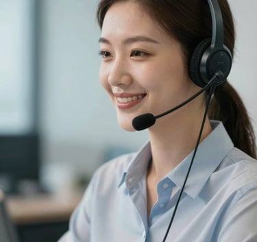 A professional portrait of a customer service agent wearing a sleek, modern black headset, smiling warmly. The background is a soft-focus office interior with Steel Blue and Mist White color tones.