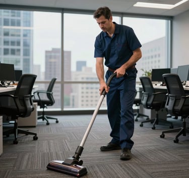 A professional janitor vacuuming a carpeted office floor in a high-rise building with a view of the city, North American / US workspace.