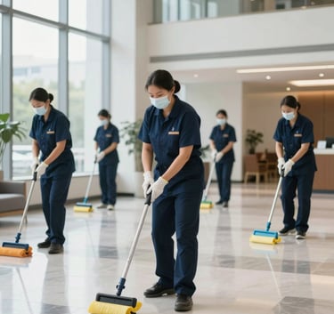 A team of professional cleaning staff in tidy uniforms working in a bright, modern corporate lobby with large windows and polished floors, North American / US setting.