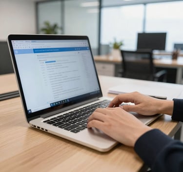 A group of diverse professionals in a North American tech hub collaborating around a table. They are discussing website wireframes on a tablet. The setting is a modern, light-filled office with light gray and blue decor.