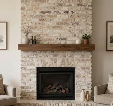 A warm and inviting North American living room featuring a perfectly clean, modern brick fireplace with a dark slate mantel, cozy furniture, and soft off-white wall colors.