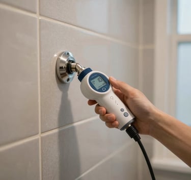 Action shot of a digital leak detection device being used on a tiled wall in a modern North American / US bathroom, displaying professional precision, soft natural lighting.