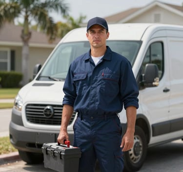 A professional North American / US plumber in a clean navy blue uniform standing confidently in front of a service van, holding a toolbox, Orlando residential street background, bright daylight.