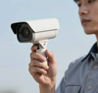 A professional technician in a clean uniform holding a sleek white security camera, preparing for installation. The background is a blurred soft sky blue.
