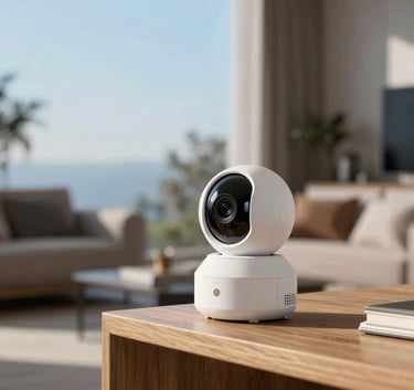 A high-end, modern living room interior featuring a white wireless security camera positioned discreetly on a wooden shelf. The room is bathed in soft sky blue morning light.