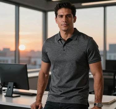 Professional photography of a confident Latino man in a sharp charcoal grey polo shirt, leaning against a modern office desk in a bright studio in the Southern USA. Soft sunset orange lighting accents the background. Authentic and aspirational mood. Latinoamérica / EE.UU.