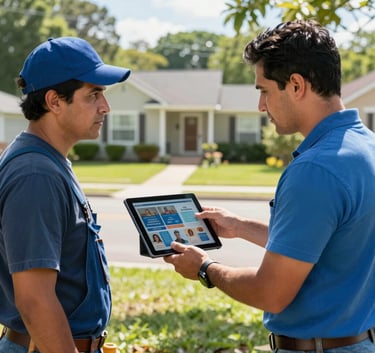 A candid outdoor scene in a residential neighborhood in the Southern USA. A professional man is showing a tablet with a marketing campaign to a contractor in work gear. Bright, natural daylight and vibrant colors. Latinoamérica / EE.UU.