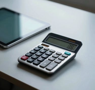 A sleek, modern desk setup with a minimalist calculator and a digital tablet, reflecting soft Pale Duck Egg Blue light from a nearby window.