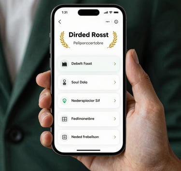 A close-up shot of a smartphone displaying a clean interface, held by a person wearing a Dark Forest Green blazer. Professional and tech-oriented atmosphere.