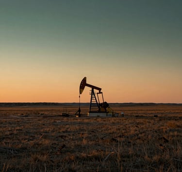 A wide-angle, cinematic landscape photograph of the vast plains of the Western US at dawn. In the distance, an oil derrick stands silhouetted against a sky of soft orange and deep green hues, conveying a sense of industry and professional purpose.