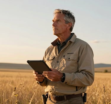 A professional portrait of a land expert in the North American / US West, wearing rugged but professional outdoor clothing, standing in a golden field. They are holding a tablet and surveying the horizon with a serious, expert expression. Warm sunset lighting.