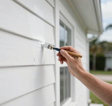 A professional painter's hand applying a smooth coat of white paint to a house exterior in Sarasota, Florida. The scene features bright daylight and clean, sharp edges.