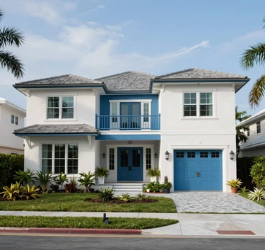 A wide shot of a stunning coastal residence in Bradenton, Florida, with a freshly painted exterior in white and medium blue. Modern architecture with lush landscaping.