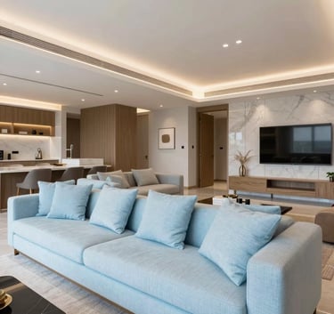 Professional real estate shot of a luxurious modern living room in a high-end Brazilian apartment, minimalist decor with light blue cushions, bright and airy atmosphere.