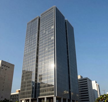 Architectural photography of a contemporary office building in a prestigious Brazilian financial district, clear blue sky, professional and reliable aesthetic.