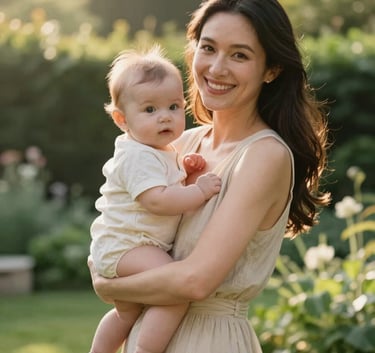 A candid, warm portrait of a smiling mother in a soft beige dress holding her infant. They are outdoors in a lush, green garden in the UK, with soft morning sunlight filtering through the trees. Professional, high-end photography style.