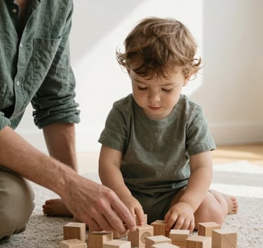 A premium, minimalist lifestyle shot of a parent and toddler sitting on a soft beige rug, playing together with high-quality wooden blocks in a sun-drenched room with white walls. The parent wears a deep sage green linen shirt. Soft, natural lighting.