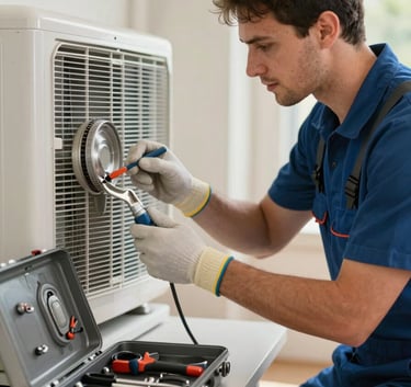 An action shot of a professional technician in clean attire performing HVAC maintenance in a North American residential setting, with organized silver tools and a focused, reliable atmosphere.