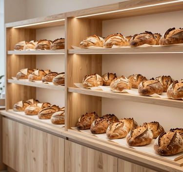 A wide-angle interior shot of a cozy North American artisanal bakery. Scandinavian design elements with light wood furniture and minimalist shelving. Freshly baked loaves of sourdough bread are displayed on Crisp Parchment paper. The atmosphere is warm and inviting.
