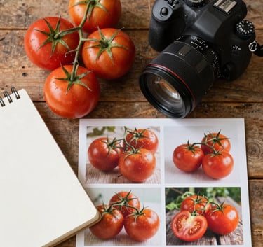 A top-down photography shot of a rustic wooden table in a North American creative studio. A digital marketing mood board with high-quality photos of ripe tomatoes is spread out next to a professional DSLR camera and a clean notebook. Soft, natural morning light fills the frame.
