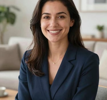 A warm portrait of a professional virtual companion smiling in a bright North American / US living room setting. The lighting is soft and natural, emphasizing a sense of calm reliability and midnight blue accents.
