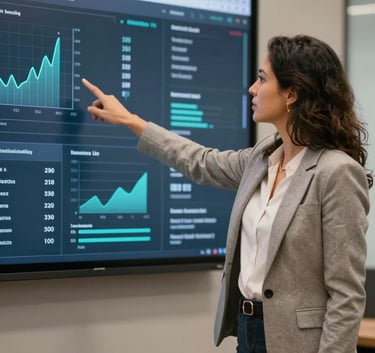 A professional Brazilian consultant in a smart-casual blazer, pointing at a large digital screen with abstract data visualizations during a boardroom meeting.