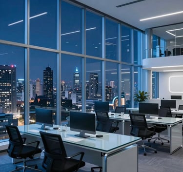A wide shot of a futuristic South American office space at night, with floor-to-ceiling windows overlooking a city skyline, featuring clean glass desks and sophisticated blue lighting.