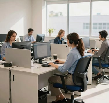 A wide shot of a modern, organized Brazilian tele-answering center. The workspace is bright and airy with ergonomic furniture in off-white and navy blue accents. Professional atmosphere with soft sunlight through large windows.