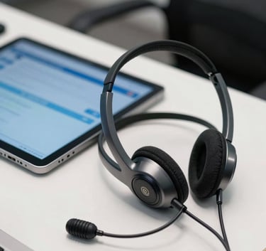 A close-up of a high-tech communication setup in a Brazilian office. A modern, sleek headset rests on a polished white desk next to a digital tablet displaying a blurry interface with medium blue and light blue colors. Clean and professional aesthetic.