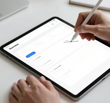 Close-up of a designer's hands using a tablet and stylus to sketch a user interface. Minimalist white desk, professional lighting, reflecting brand mood of honesty and precision.