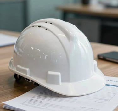 A detailed close-up of a white safety hard hat and professional documents on a wooden desk in a modern Italian office, soft teal accents, clean and professional composition.