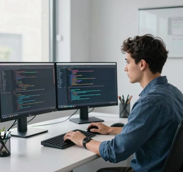 A professional software engineer in a bright, modern North American office focusing on a complex coding task. The setup includes multiple monitors showing lines of code, a ergonomic chair, and minimalist decor in light gray and dark blue.