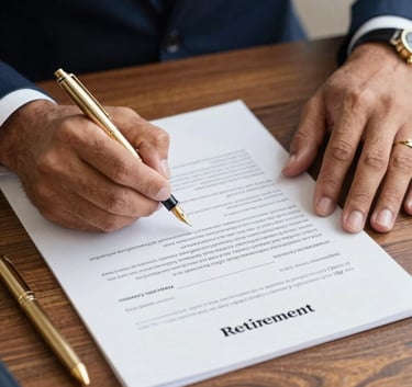Close-up of South American hands signing legal retirement documents on a wooden desk, a gold fountain pen nearby, focused and professional atmosphere with navy blue tones.