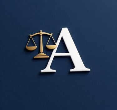 A refined logo for a law firm featuring a stylized gold balance of justice icon next to elegant white serif typography on a navy blue background, professional and prestigious.