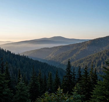 A wide cinematic landscape of a misty mountain range at dawn in the North American / US Pacific Northwest, featuring deep forest green and soft sky blue tones.