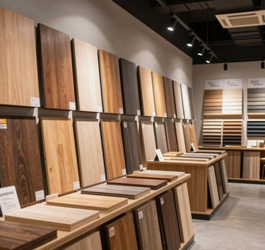 A high-end showroom interior for plywood and laminates in Bhopal, featuring organized wood samples and modern lighting, South Asian / Indian business setting, wide-angle shot, professional mood.