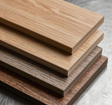 Close-up of high-quality decorative wood laminates with diverse textures and grains, professional lighting, steel gray background, modern and premium feel.